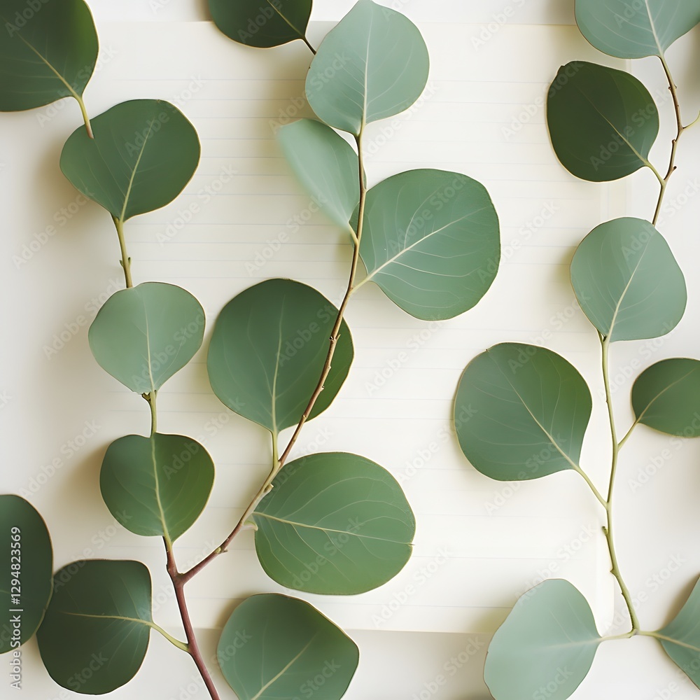 Fototapeta premium Elegant Eucalyptus Leaves on Notebook Flatlay