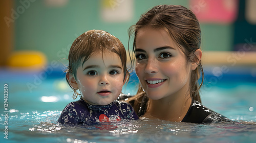 Mother and baby enjoying swimming lesson in indoor pool