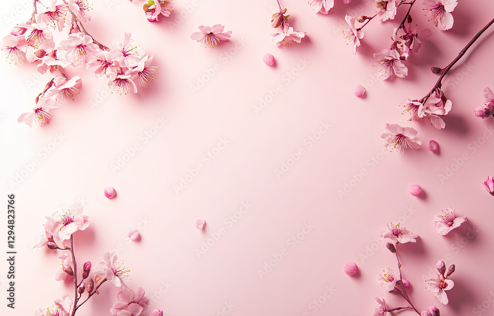 Naklejka premium A serene arrangement of pink cherry blossoms on a soft pink background.