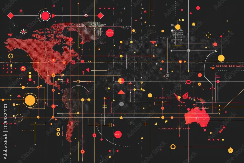 Fototapeta premium Minimalist infographic shows global connectivity with lines and shapes, emphasizing world interconnectedness, A minimalist infographic illustrating the concept of globalization