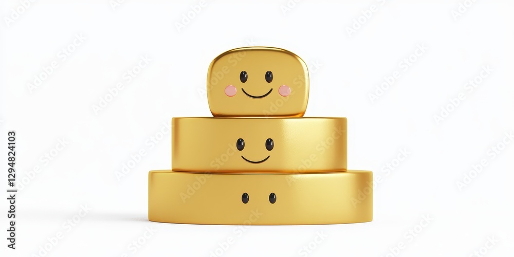 Golden Stack of Happy Faces: A 3D Render of Joyful Emojis Golden Stack of Happy Faces: A 3D Render of Joyful Emojis