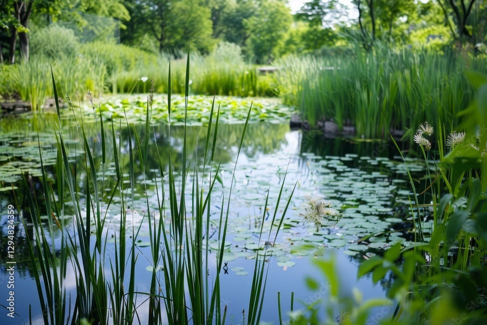 A tranquil pond surrounded by lush green reeds and grasses, creating a serene and peaceful atmosphere, Serene pond surrounded by tall reeds and grasses A tranquil pond surrounded by lush green reeds and grasses, creating a serene and peaceful atmosphere, Serene pond surrounded by tall reeds and grasses