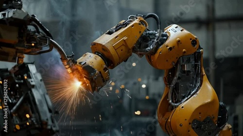 Skillful welding robot industrial arm scene, smooth repetitive motion for background video animation