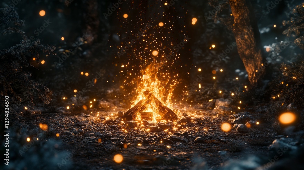 Flickering flames dance above a carefully arranged pile of logs, casting a warm light amidst shadows in the forest. Sparks rise into the night air, enhancing the magical atmosphere Flickering flames dance above a carefully arranged pile of logs, casting a warm light amidst shadows in the forest. Sparks rise into the night air, enhancing the magical atmosphere