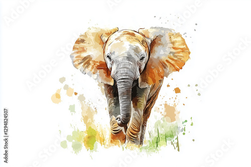 Watercolor style painting cute elephant on white background photo