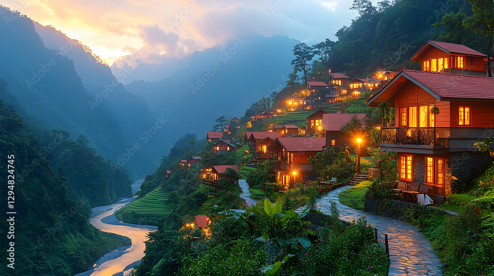 Fototapeta premium Mountain village at sunset, glowing cabins