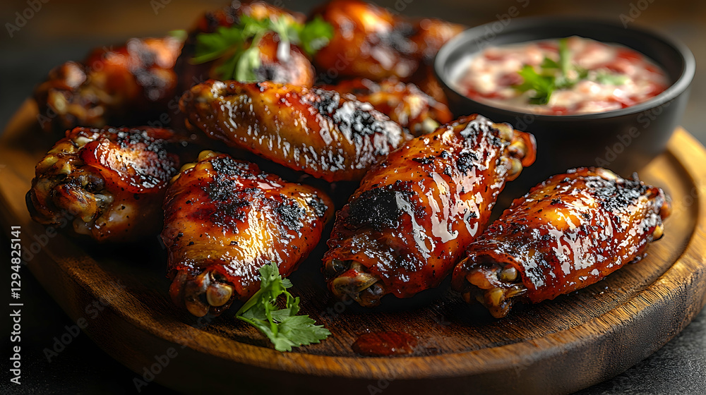 Roasted Chicken Wings on Wooden Board with Sauce Roasted Chicken Wings on Wooden Board with Sauce