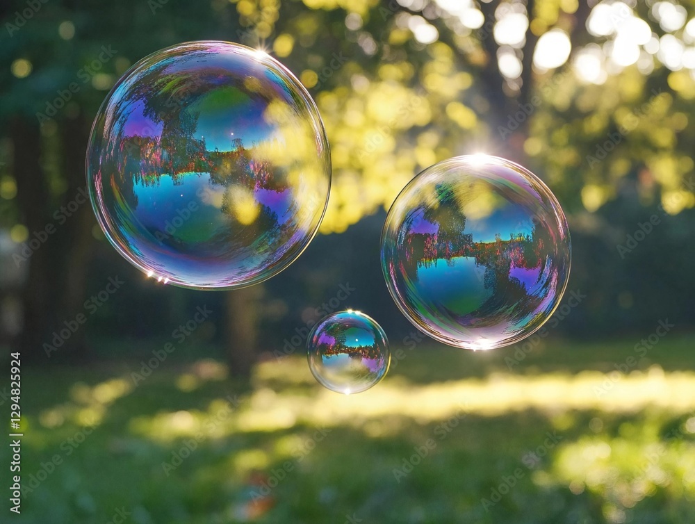 Giant iridescent soap bubbles floating over green grass. Summer fun concept. Background for poster or banner Giant iridescent soap bubbles floating over green grass. Summer fun concept. Background for poster or banner
