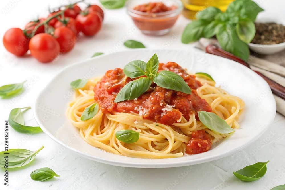 Plate of Pasta with Fresh Tomato Sauce and Basil – Classic Italian Cuisine on a White Background Plate of Pasta with Fresh Tomato Sauce and Basil – Classic Italian Cuisine on a White Background