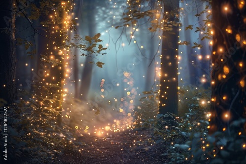 A mystical forest path illuminated by twinkling fairy lights, Enigmatic fairy lights casting a mystical aura