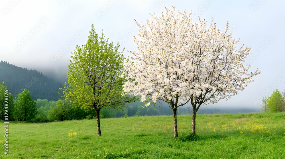 Spring blossoms, misty mountains, green meadow Spring blossoms, misty mountains, green meadow
