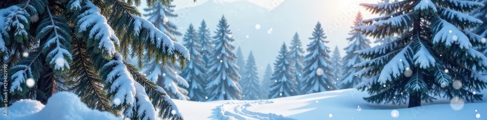 Naklejka premium Snowflakes fall softly through coniferous trees, frosty pines, frozen landscape