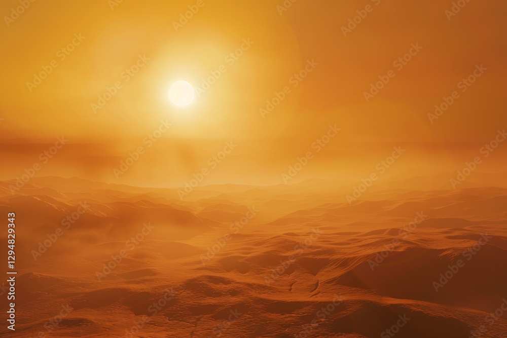 A hazy sunset illuminates a vast expanse of sandy dunes in the desert, A vast expanse of sandy dunes under a blazing sun