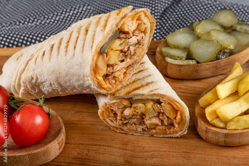 Lavash chicken doner. Pita bread lavash roll chicken doner kebab and fresh vegetables. Durum Chicken Doner Kebab. Lavash chicken doner. Pita bread lavash roll chicken doner kebab and fresh vegetables. Durum Chicken Doner Kebab.