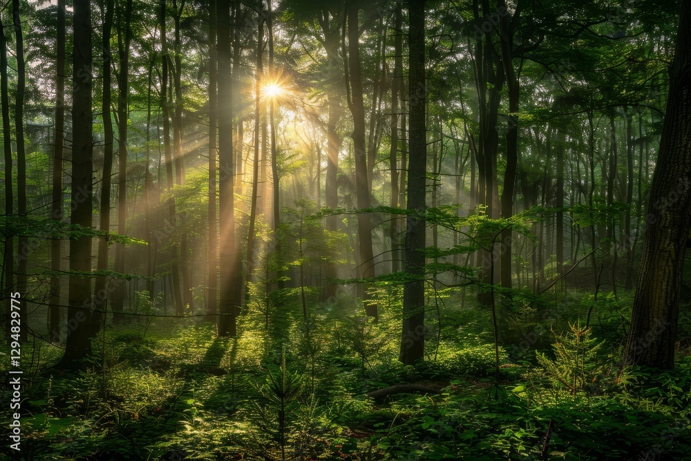 Fototapeta premium Early Morning Sunlight Filtering Through Dense Evergreen Forest, The first light of day breaking through a dense forest, creating dappled patterns on the forest floor
