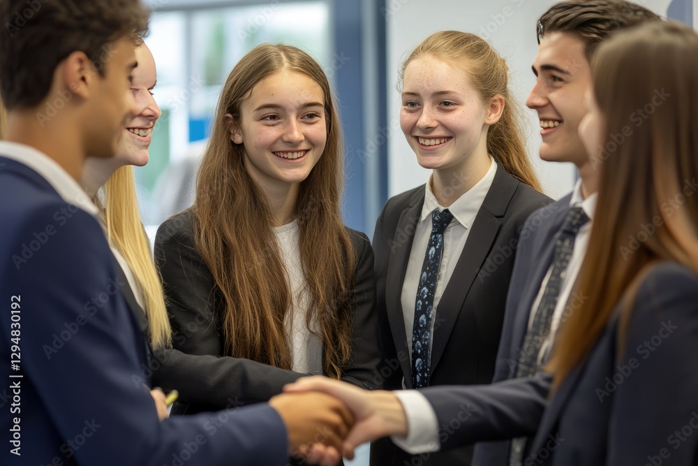 Students shaking hands, hallway, school, group, happy, education, collaboration, future, success, careers Students shaking hands, hallway, school, group, happy, education, collaboration, future, success, careers