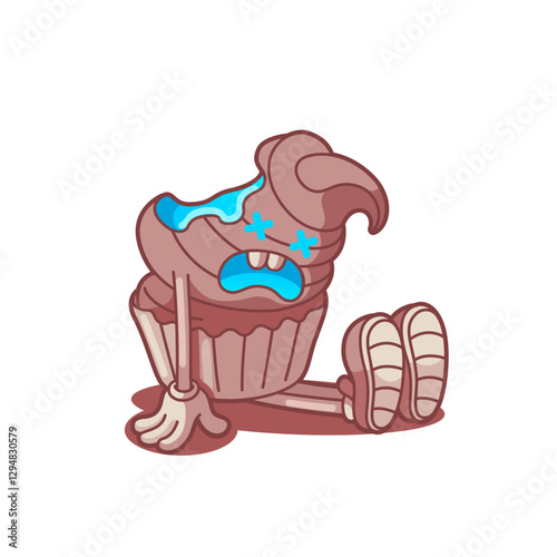 Tired chocolate cupcake – funny cartoon dessert out of energy. Logo comic style with contour. Decoration for greeting cards, posters, patches, prints for clothes, emblems.