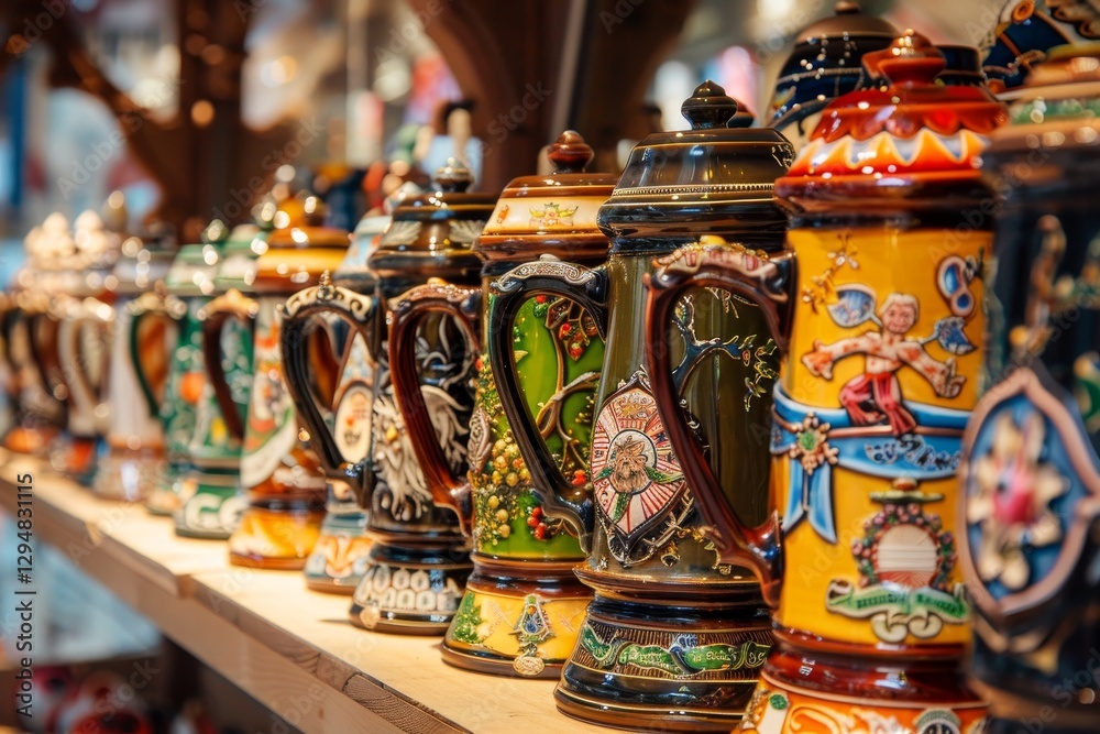 A row of decorative beer steins sits on a wooden shelf at a bustling German market, An intricate display of colorful beer steins, adorned with traditional German designs A row of decorative beer steins sits on a wooden shelf at a bustling German market, An intricate display of colorful beer steins, adorned with traditional German designs