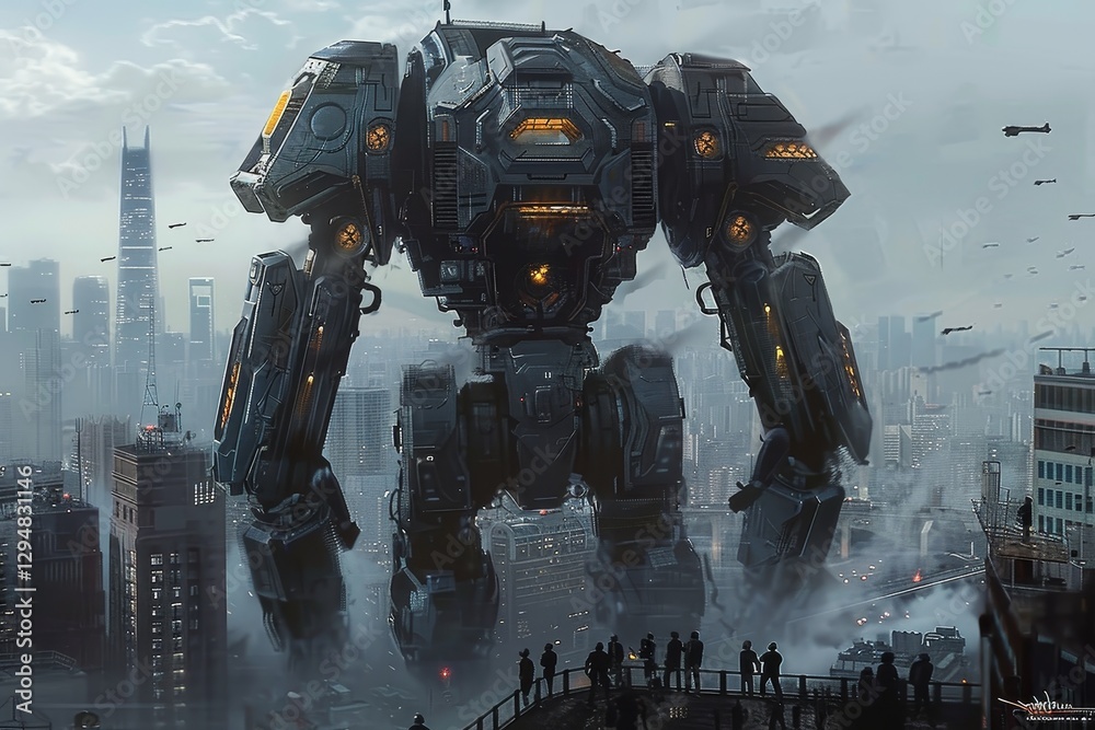 A massive robotic exoskeleton stands tall in a city, dwarfed by skyscrapers, A giant robotic exoskeleton, towering over city buildings and ready for battle
