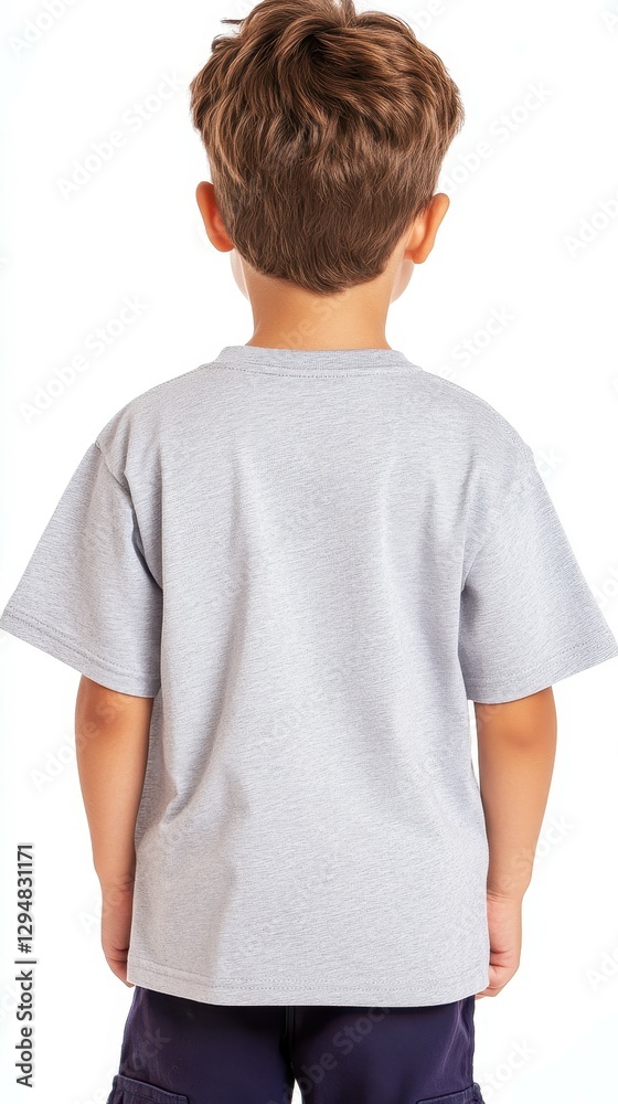 A young child stands with their back facing the viewer, dressed in a gray t-shirt. The setting appears bright, suggesting an outdoor or well-lit indoor environment A young child stands with their back facing the viewer, dressed in a gray t-shirt. The setting appears bright, suggesting an outdoor or well-lit indoor environment