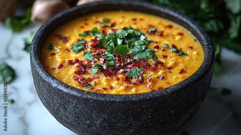 Creamy carrot soup in dark bowl, garnished, with garlic and herbs Creamy carrot soup in dark bowl, garnished, with garlic and herbs