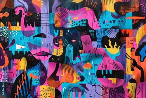 A colorful street art mural with geometric shapes and bold colors, Design a composition that evokes a sense of cacophony and clamor