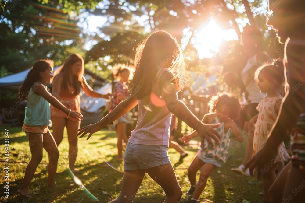 Fototapeta premium Children play in a park on a sunny day, enjoying the outdoors and each others company, Capture the spirit of community and togetherness during Labor Day festivities