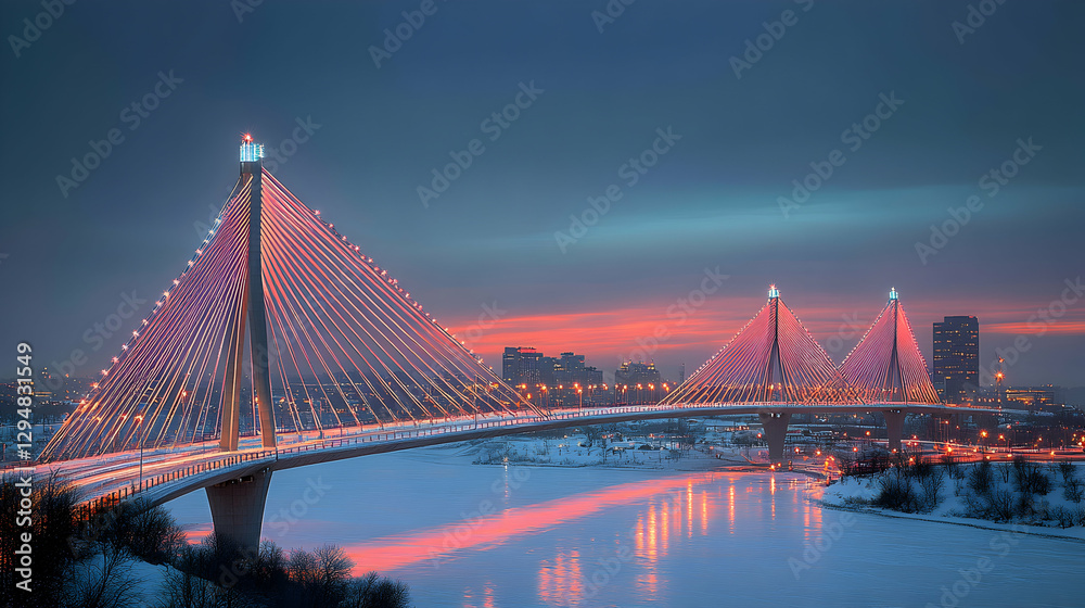 Fototapeta premium Winter Cable-Stayed Bridge at Sunset over Frozen River