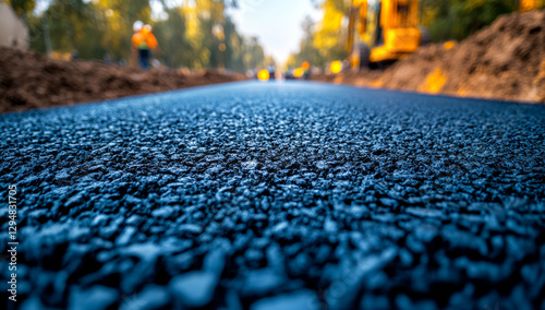 New asphalt road being built. Workers are busy laying down fresh asphalt for a new road under a clear sky, enhancing the areas infrastructure. photo