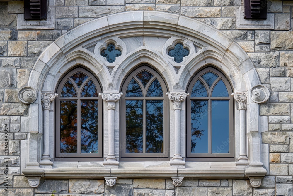 A close-up view of three arched windows with ornate keystones on a stone building facade, Arched windows with ornamental keystones and intricate trim A close-up view of three arched windows with ornate keystones on a stone building facade, Arched windows with ornamental keystones and intricate trim