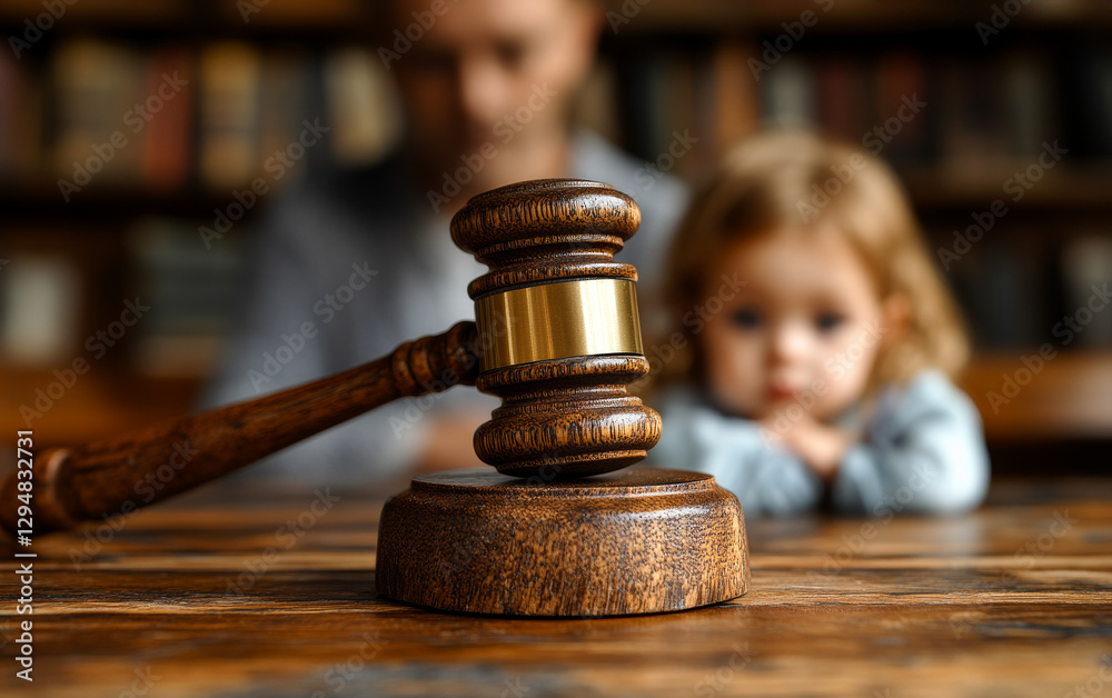 Courtroom setting with child and gavel. A child observes intently as a gavel rests on a wooden table in a courtroom library filled with books. Courtroom setting with child and gavel. A child observes intently as a gavel rests on a wooden table in a courtroom library filled with books.