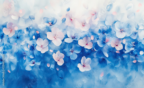 A soft, dreamy depiction of blue and pink flowers in an artistic, abstract style.