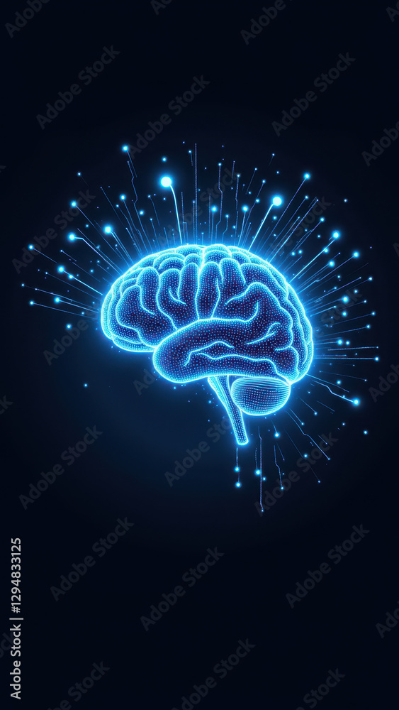 Fototapeta premium A futuristic graphic with a human brain emitting light waves, symbolizing artificial general intelligence.