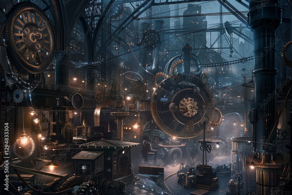 A Steampunk Cityscape With Glowing Gear and Steam, A steampunk-inspired industrial cityscape with gears and machinery everywhere A Steampunk Cityscape With Glowing Gear and Steam, A steampunk-inspired industrial cityscape with gears and machinery everywhere