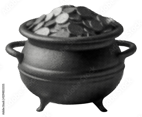 cauldron of gold coins pot isolated retro halftone grunge dotted cut-out leprechaun folklore legend luck collage element for mixed media design