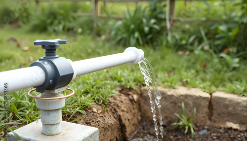 Water supply pipe made of PVC is being connected to pump house of an artesian well system, simple style. with white shades