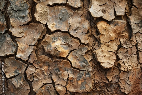 A close-up view of the textured bark of a tree, showing deep cracks and a rough, uneven surface, Calloused and tough skin with a coarse feel