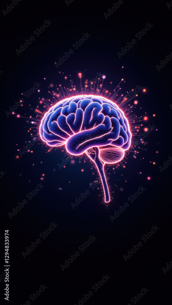 Fototapeta premium A digital illustration representing artificial general intelligence with a brain graphic surrounded by sparkles.