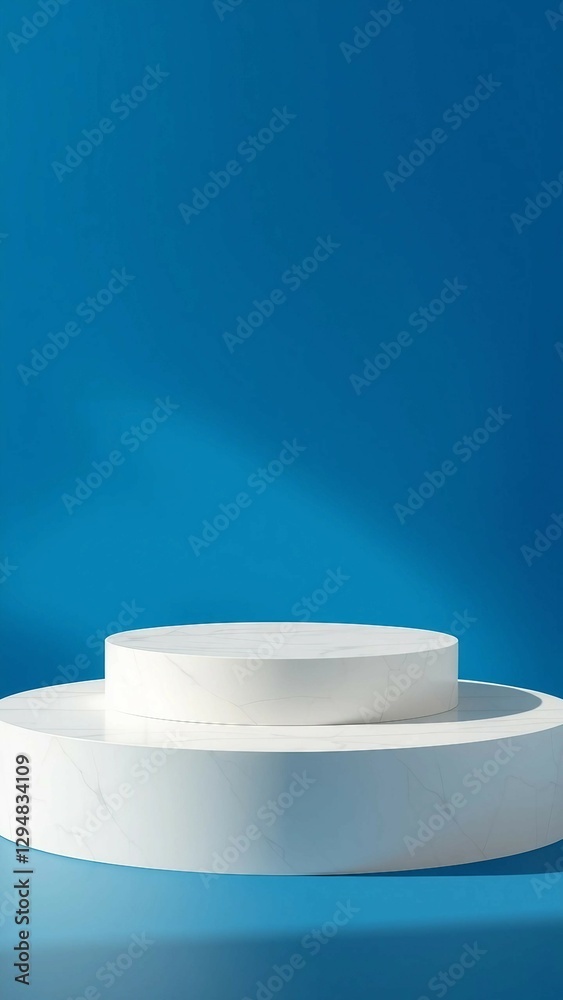 White marble stone cylinder podium shelf display product platform on 3d blue background of empty mod White marble stone cylinder podium shelf display product platform on 3d blue background of empty mod