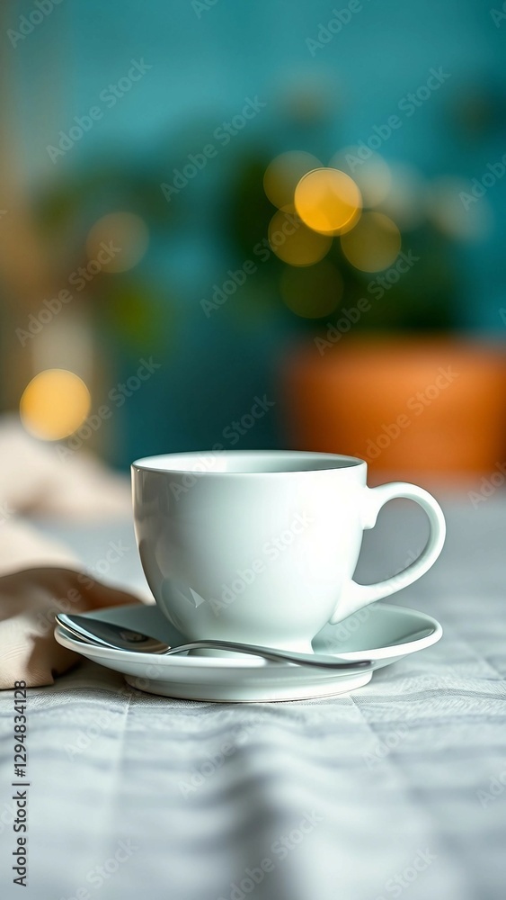 White coffee mug and spoon on backdrops Ceramic tea cup for your design vertical White coffee mug and spoon on backdrops Ceramic tea cup for your design vertical