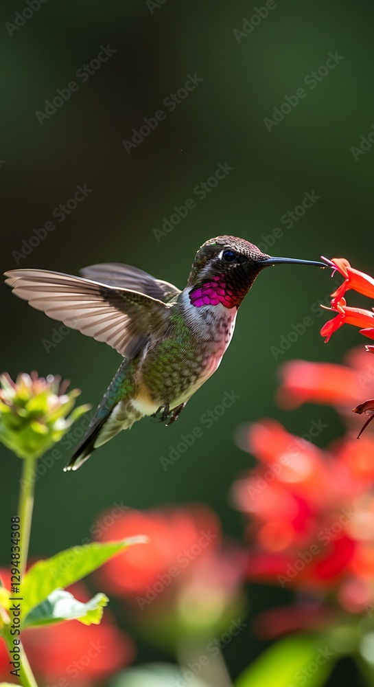 Fototapeta premium Hummingbird Hovering Feeding on Red Flower in Sunny Natural Garden