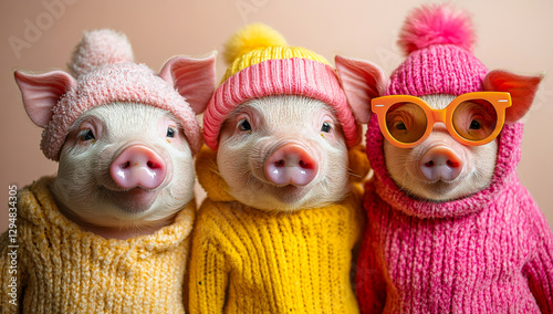 Colorful piglets in sweaters. Three adorable piglets dressed in vibrant winter sweaters and hats pose together with playful expressions.