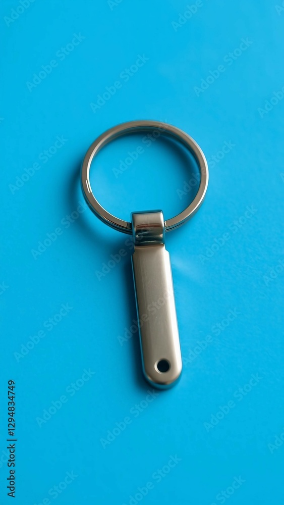 Steel key ring on blue paper background Blank key chain or fashion accessory for your design Can put Steel key ring on blue paper background Blank key chain or fashion accessory for your design Can put