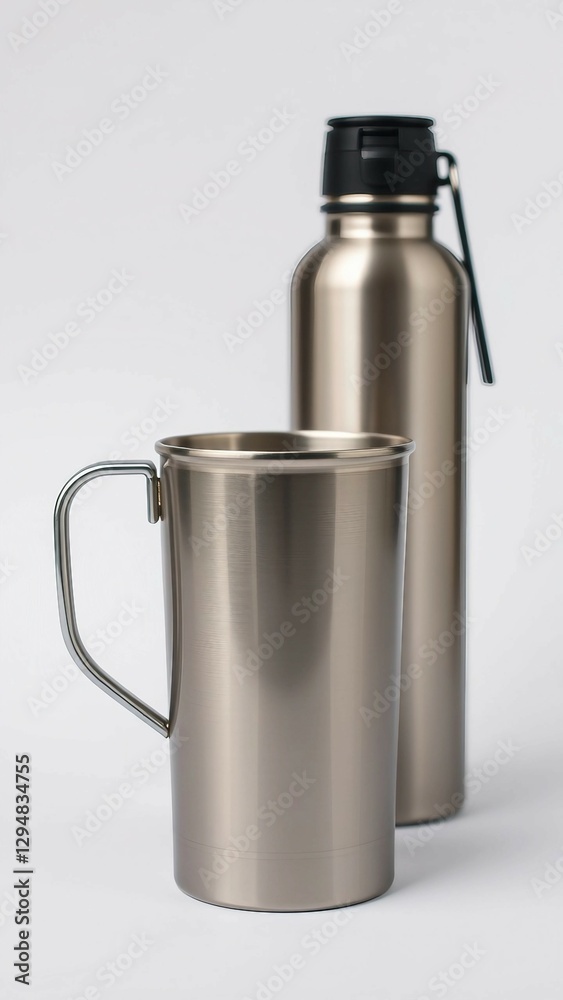 Steel mug isolated on white background Large water bottle for keeping temperature Big stainless cup Steel mug isolated on white background Large water bottle for keeping temperature Big stainless cup