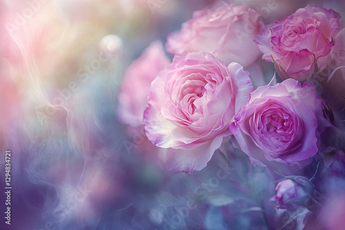 A soft-focus image of pink roses, evoking a dreamy and romantic atmosphere.