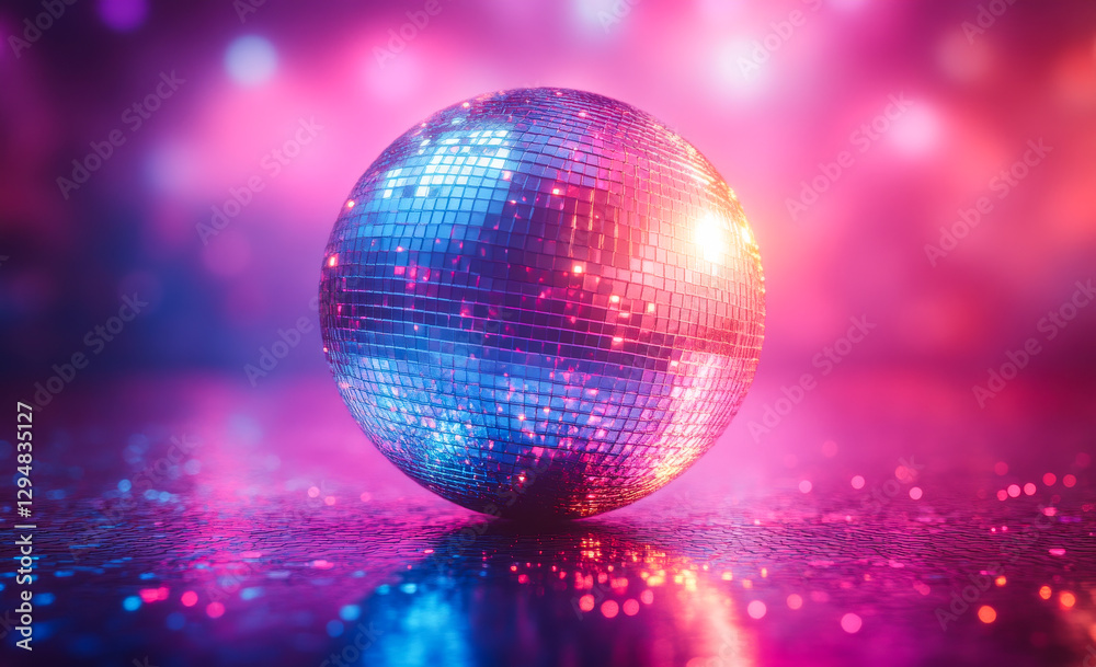Obraz premium Disco ball reflecting colors. A shiny disco ball captures vibrant lights in a lively dance venue, creating a festive and energetic atmosphere for all.