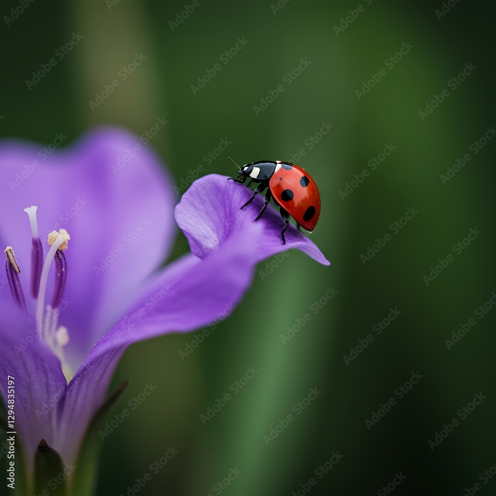Fototapeta premium Ladybug Resting on Purple Flower Petal in a Natural Garden Setting
