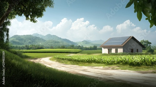 Futuristic Self Sustaining Smart Village Solar Grids AI Automation Green Landscapes with Traditional Architecture