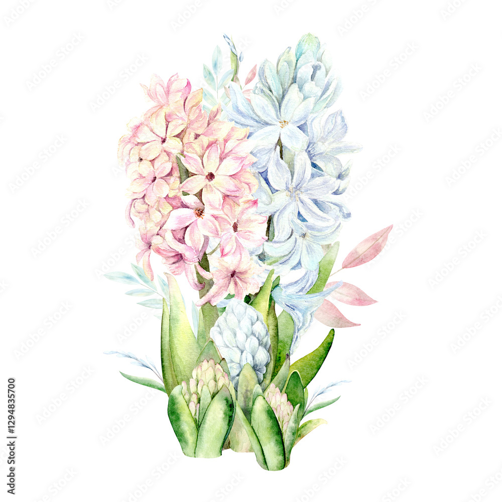 Obraz premium Bouquet of spring flowers. Hyacinths of different, blue, pink and lilac shades are hand-painted with watercolors on a blue background. The botanical illustration is suitable for postcards, packaging