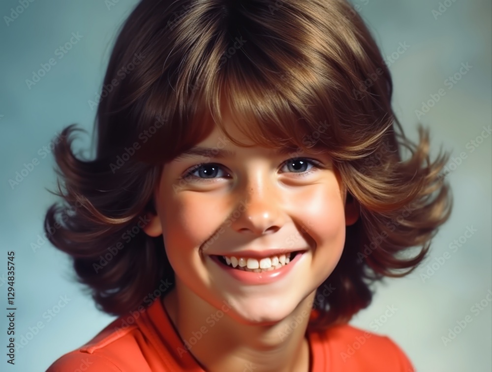 Smiling girl with big 80s hair posing for school picture